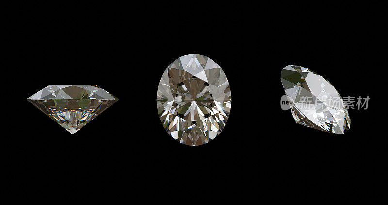 Three oval shaped diamonds. Different views on black background at 3D render design.